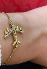 Airplane Bracelet, Gold Airplane Bracelet, Airplane Jewelry, Rainbow plane Bracelet, Gold Rainbow plane Bracelet - Pink Horse Florida