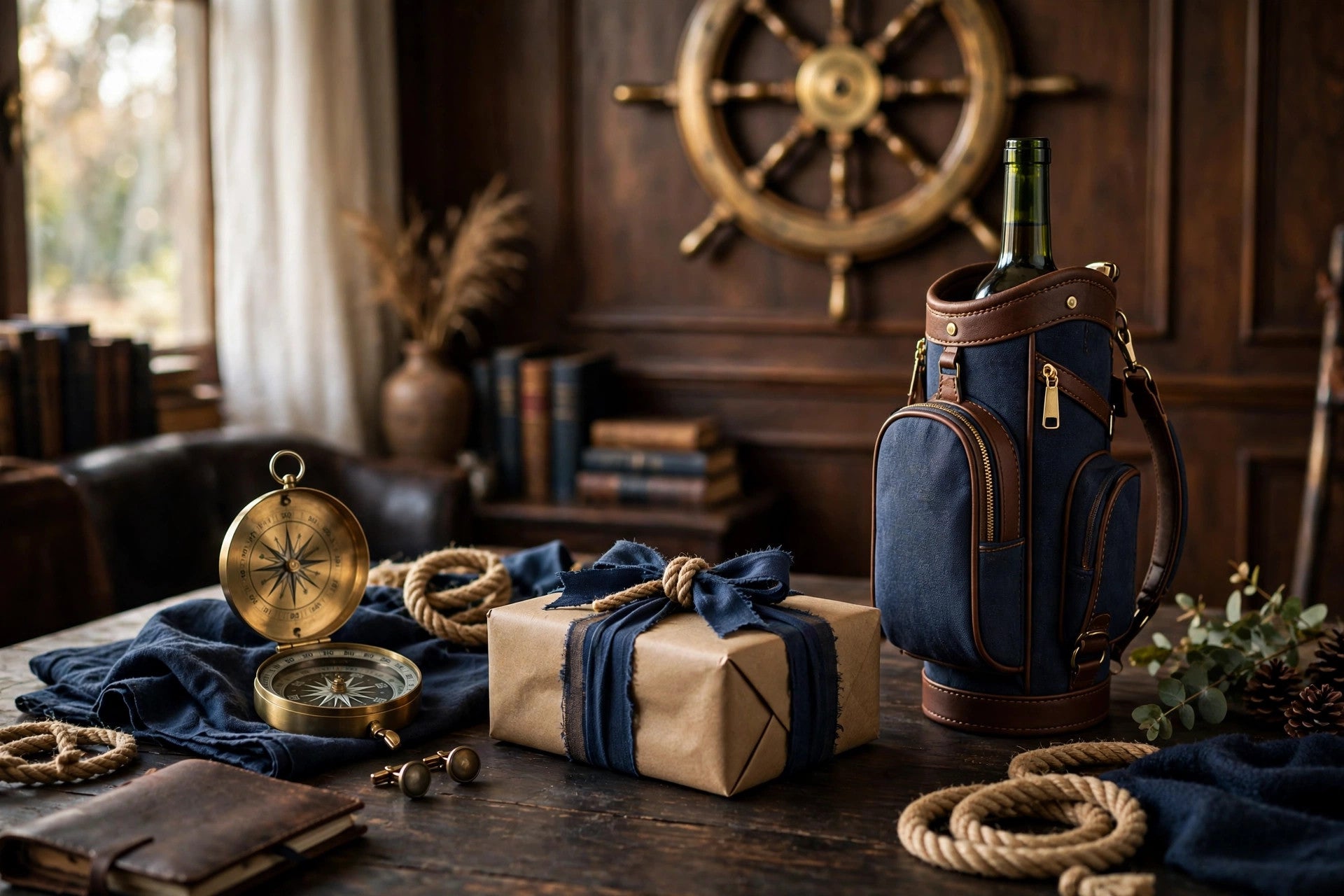 Nautical gifts for him styled on dark wood — brass compass, ship wheel decor, golf bag wine bottle holder, and wrapped gift 
