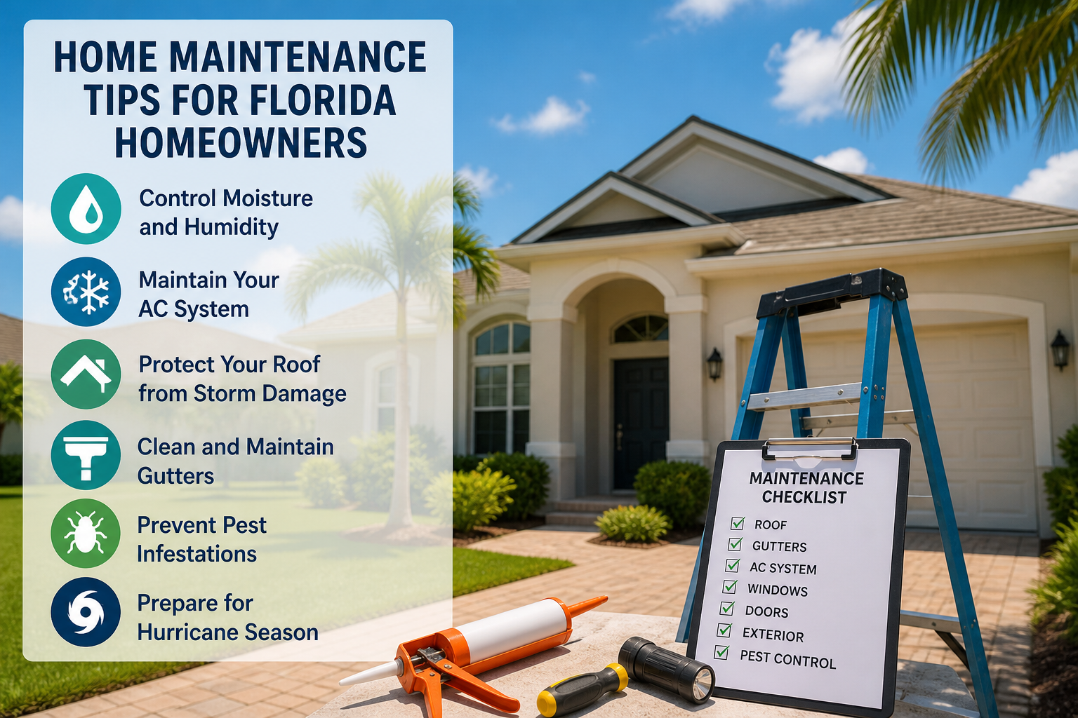 Florida home exterior under sunny weather with a visual maintenance checklist highlighting AC care, roof protection, gutter cleaning, pest prevention, and hurricane preparation tips.