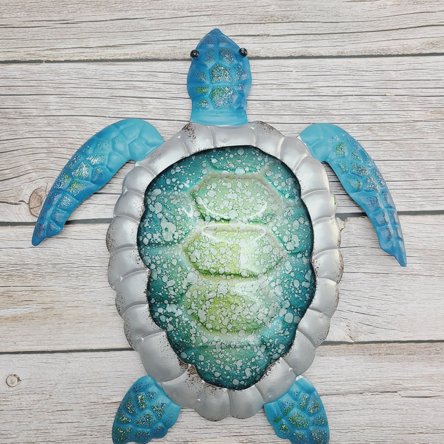 3D blue sea turtle wall art made of embossed metal and crackle green glass, coastal nautical home decor.