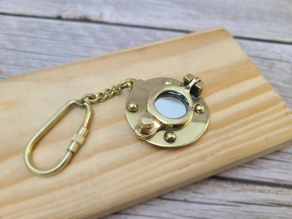 Porthole Keychain, Brass Porthole Keychain, Solid Brass Porthole Mirror Key Chain Nautical Ship Porthole Key Ring - Pink Horse Florida