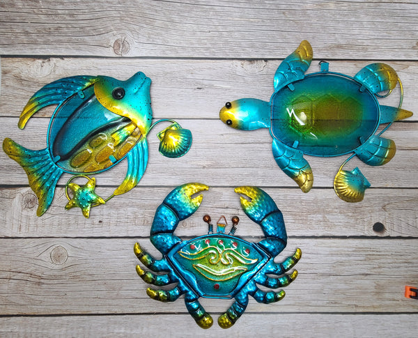 Metal Wall Art SET OF THREE, Sea Turtle Wall Art, Fish Wall Art, Crab Wall Art, Metal Wall Art - Pink Horse Florida