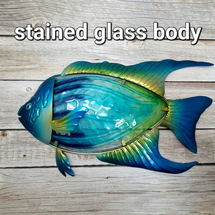 Handcrafted blue and green stained glass metal angelfish wall art for garden" for your primary images.