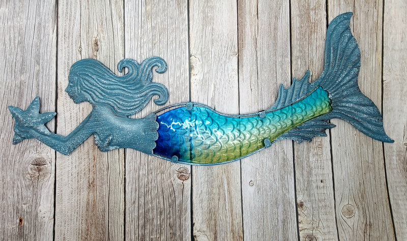 Mermaid metal wall art Stained glass mermaid decor Mermaid wall sculpture with stained glass Metal and stained glass mermaid art - Pink Horse Florida