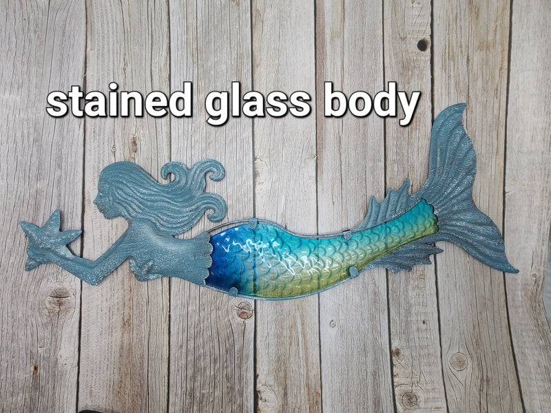 Mermaid metal wall art Stained glass mermaid decor Mermaid wall sculpture with stained glass Metal and stained glass mermaid art - Pink Horse Florida