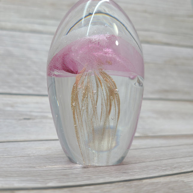 Pink and gold glow-in-the-dark jellyfish Luminescent marine art Glowing jellyfish decor Enchanting sculpture Ocean-inspired artwork Pink and gold jellyfish figurine - Pink Horse Florida