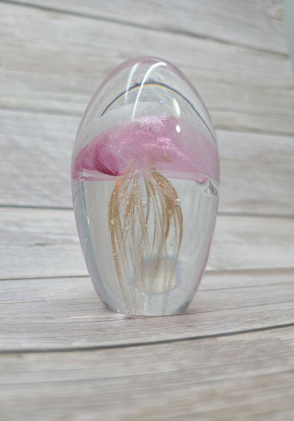 Pink and gold glow-in-the-dark jellyfish Luminescent marine art Glowing jellyfish decor Enchanting sculpture Ocean-inspired artwork Pink and gold jellyfish figurine - Pink Horse Florida