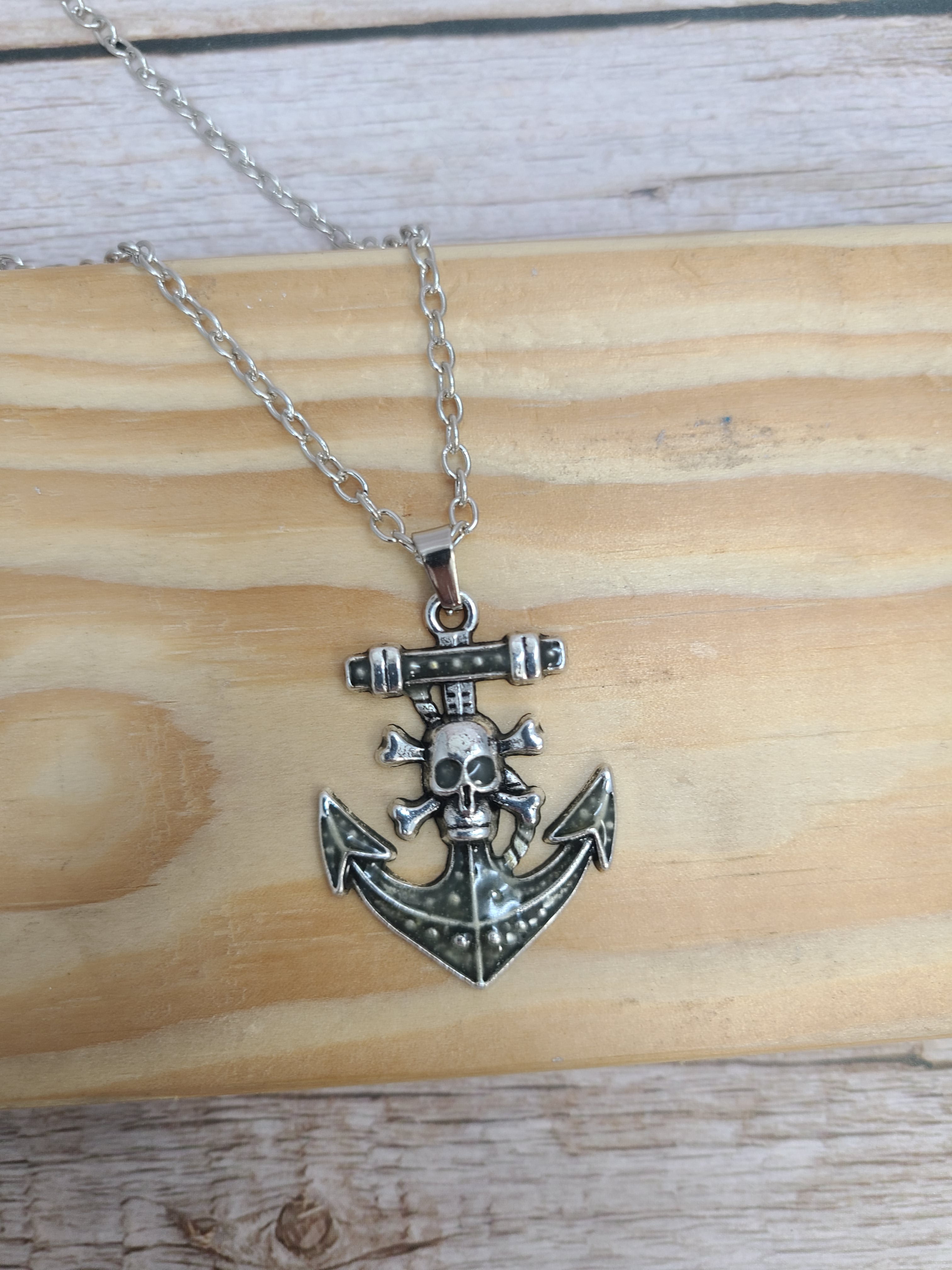 Anchor and skull glow-in-the-dark necklace Edgy maritime jewelry Glow pendant with anchor and skull design Unique nautical accessory Skull - Pink Horse Florida