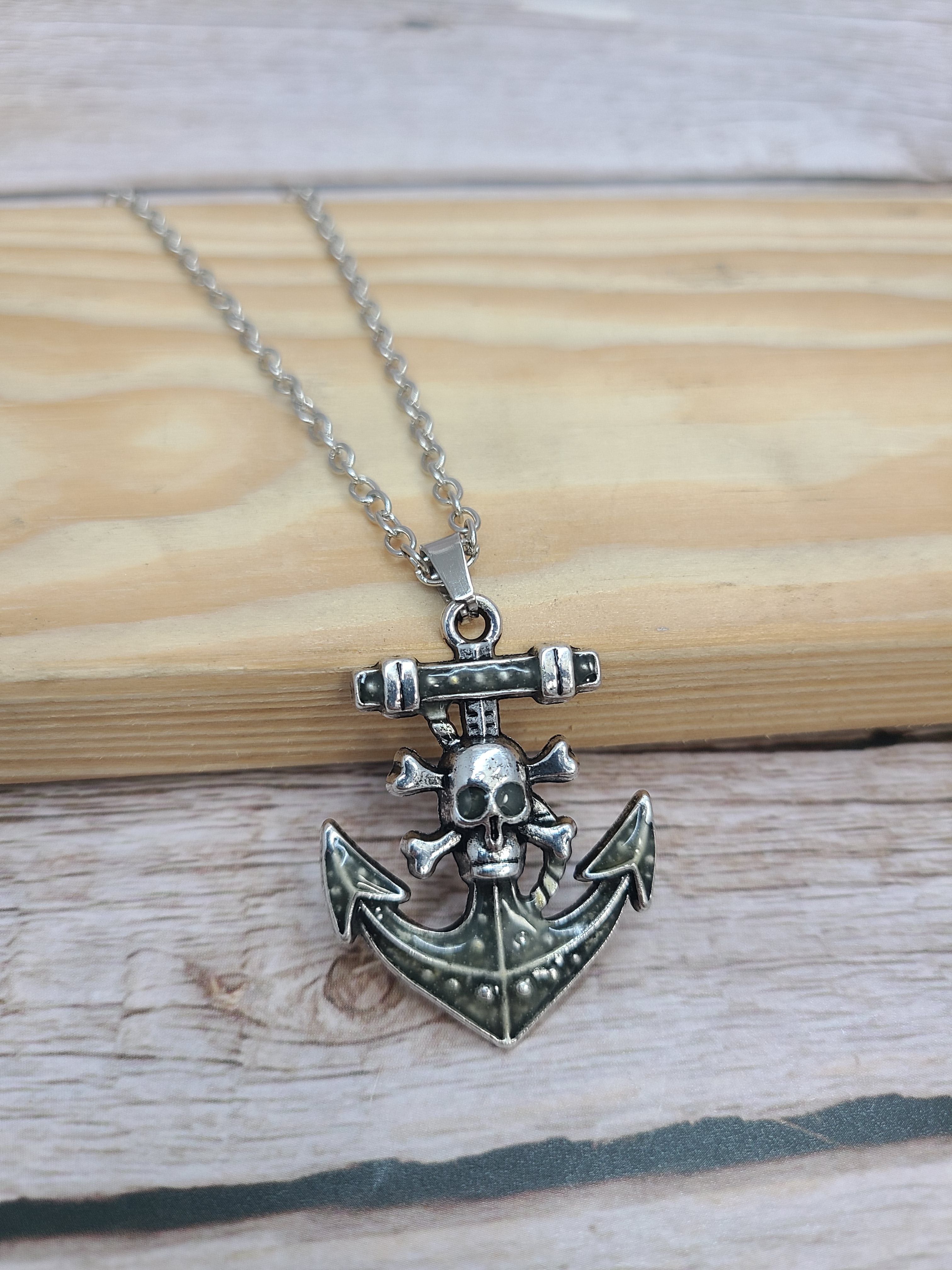 Anchor and skull glow-in-the-dark necklace Edgy maritime jewelry Glow pendant with anchor and skull design Unique nautical accessory Skull - Pink Horse Florida