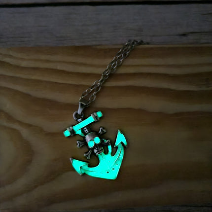 Anchor and skull glow-in-the-dark necklace Edgy maritime jewelry Glow pendant with anchor and skull design Unique nautical accessory Skull - Pink Horse Florida