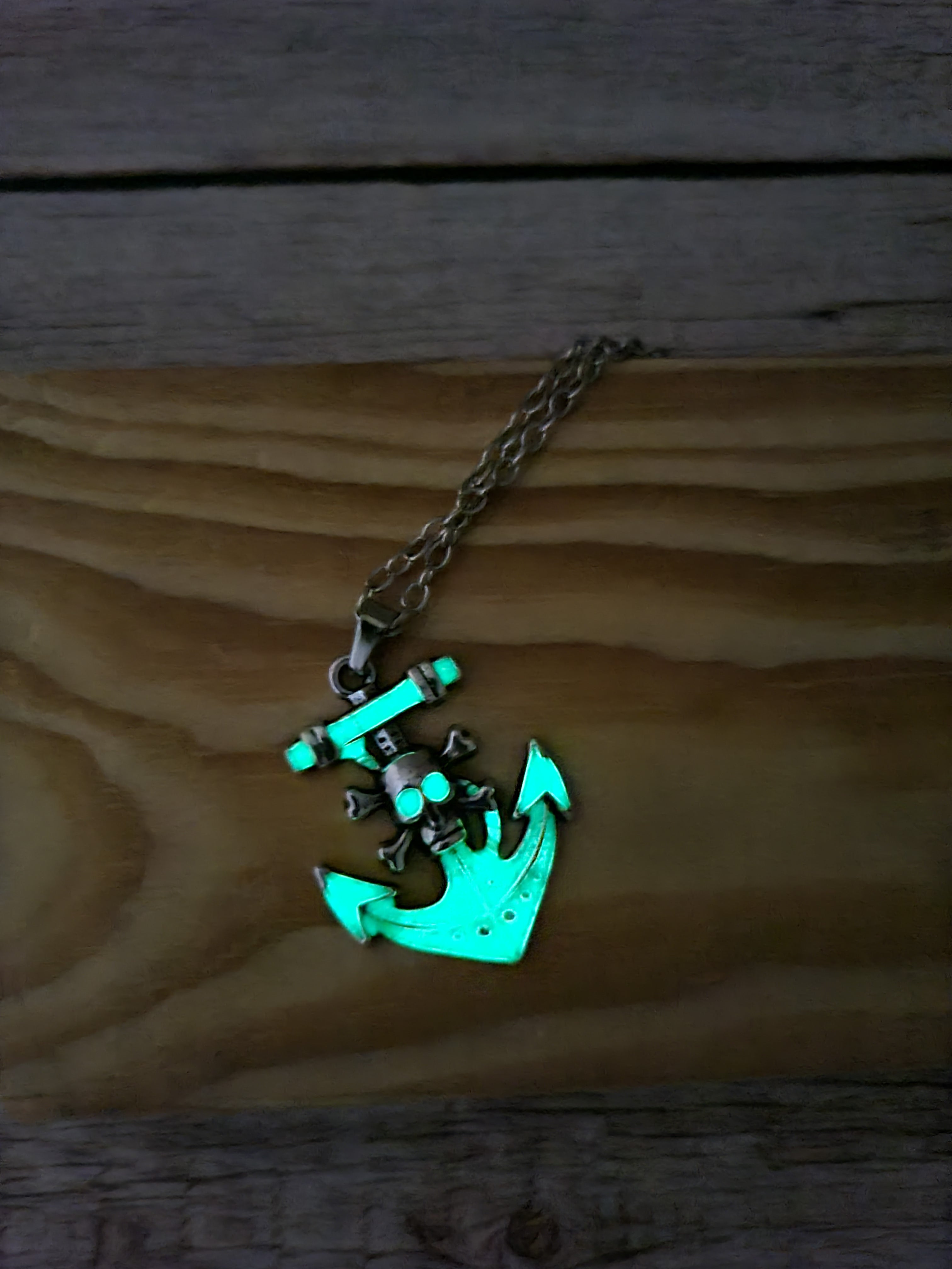 Anchor and skull glow-in-the-dark necklace Edgy maritime jewelry Glow pendant with anchor and skull design Unique nautical accessory Skull - Pink Horse Florida