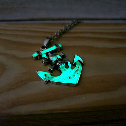 Anchor and skull glow-in-the-dark necklace Edgy maritime jewelry Glow pendant with anchor and skull design Unique nautical accessory Skull - Pink Horse Florida