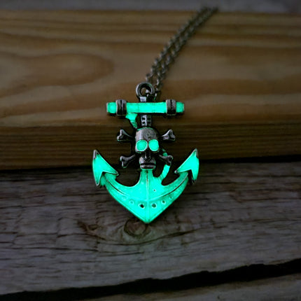 Anchor and skull glow-in-the-dark necklace Edgy maritime jewelry Glow pendant with anchor and skull design Unique nautical accessory Skull - Pink Horse Florida