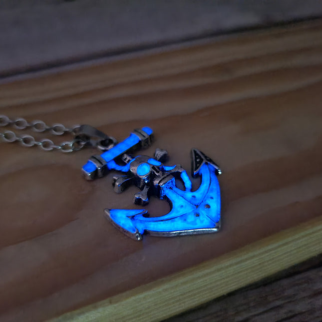 Anchor and skull glow-in-the-dark necklace Edgy maritime jewelry Glow pendant with anchor and skull design Unique nautical accessory Skull - Pink Horse Florida