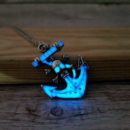 Anchor and skull glow-in-the-dark necklace Edgy maritime jewelry Glow pendant with anchor and skull design Unique nautical accessory Skull - Pink Horse Florida