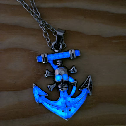 Anchor and skull glow-in-the-dark necklace Edgy maritime jewelry Glow pendant with anchor and skull design Unique nautical accessory Skull - Pink Horse Florida