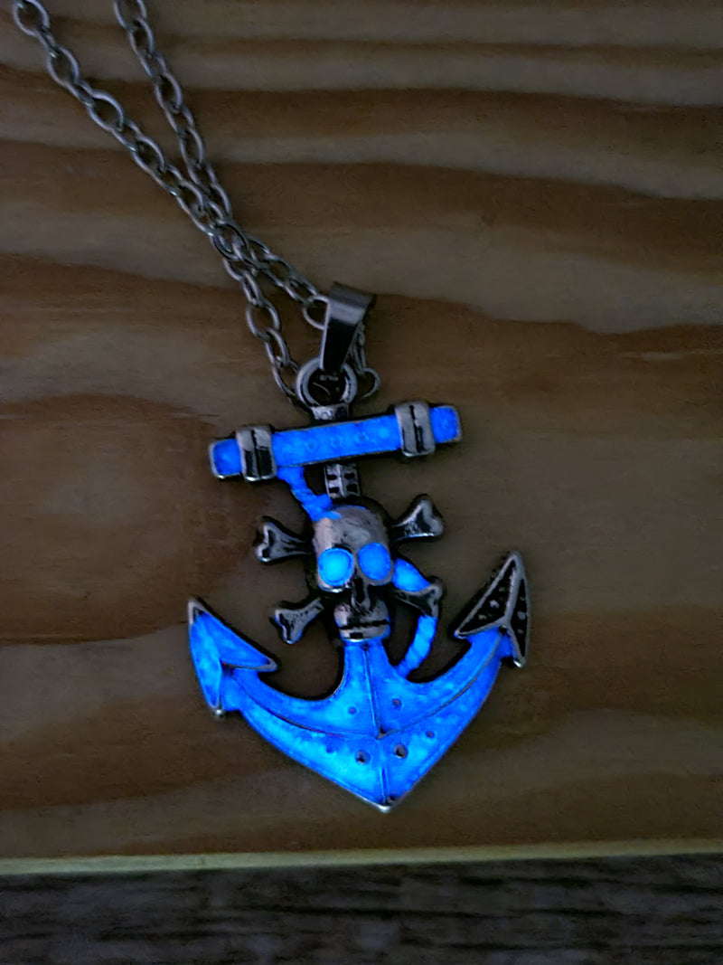 Anchor and skull glow-in-the-dark necklace Edgy maritime jewelry Glow pendant with anchor and skull design Unique nautical accessory Skull - Pink Horse Florida