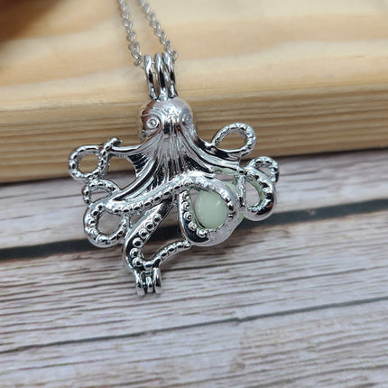 Glow-in-the-dark octopus necklace Luminescent cephalopod jewelry Glowing marine pendant Enchanting glow necklace Octopus tentacle glow charm - Pink Horse Florida
