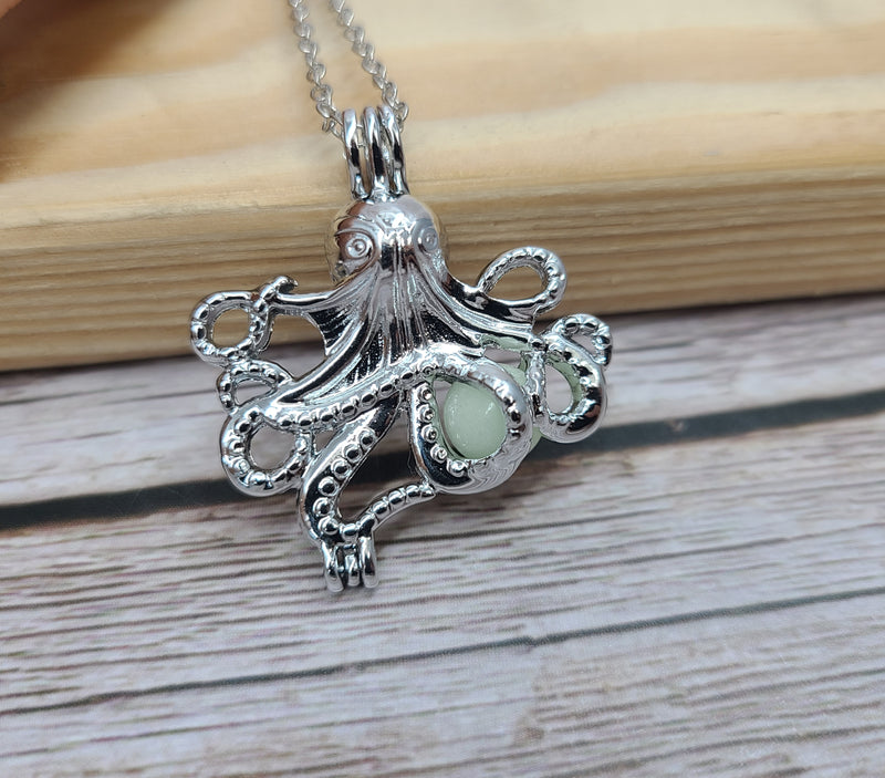 Glow-in-the-dark octopus necklace Luminescent cephalopod jewelry Glowing marine pendant Enchanting glow necklace Octopus tentacle glow charm - Pink Horse Florida