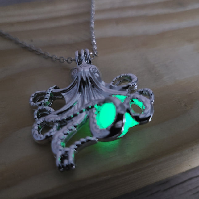 Glow-in-the-dark octopus necklace Luminescent cephalopod jewelry Glowing marine pendant Enchanting glow necklace Octopus tentacle glow charm - Pink Horse Florida