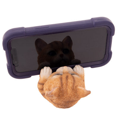 A plush orange tabby cat phone stand with white paws, shown propped up under a purple smartphone case on a white background.
