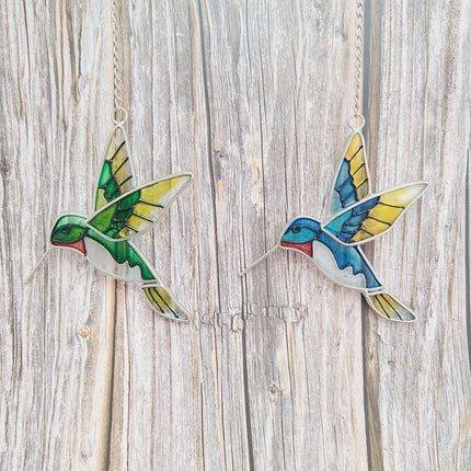 Hummingbird Stained Glass, Hummingbird Stained Glass Set of Two, Hummingbird Ornament, Hummingbird Wall Art, Hummingbird Art - Pink Horse Florida