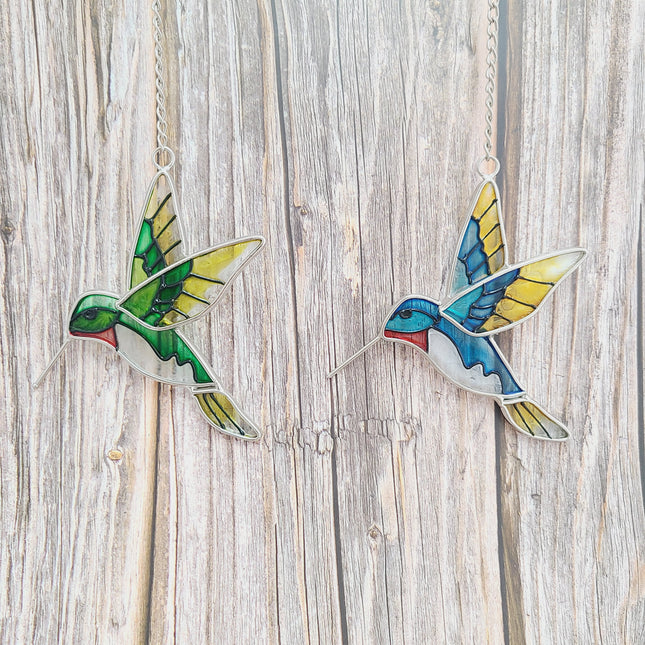 Hummingbird Stained Glass, Hummingbird Stained Glass Set of Two, Hummingbird Ornament, Hummingbird Wall Art, Hummingbird Art - Pink Horse Florida