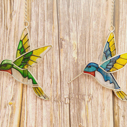 Hummingbird Stained Glass, Hummingbird Stained Glass Set of Two, Hummingbird Ornament, Hummingbird Wall Art, Hummingbird Art - Pink Horse Florida