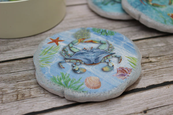 Crab Coasters, Beach Coasters, Sea Life Coasters, Beach Home Decor, Figurine, Nautical Decor, Ocean Lover Gifts, Crab Lover - Pink Horse Florida