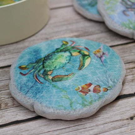 Crab Coasters, Beach Coasters, Sea Life Coasters, Beach Home Decor, Figurine, Nautical Decor, Ocean Lover Gifts, Crab Lover - Pink Horse Florida