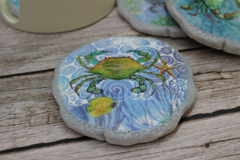 Crab Coasters, Beach Coasters, Sea Life Coasters, Beach Home Decor, Figurine, Nautical Decor, Ocean Lover Gifts, Crab Lover - Pink Horse Florida