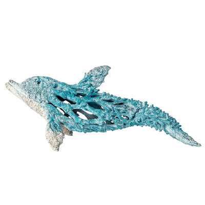 Stylized dolphin figurine with a textured coral appearance in a natural sand and seashell color, crafted from polystone for coastal tabletop decor.