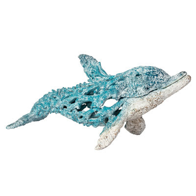 Stylized dolphin figurine with a textured coral appearance in a natural sand and seashell color, crafted from polystone for coastal tabletop decor.