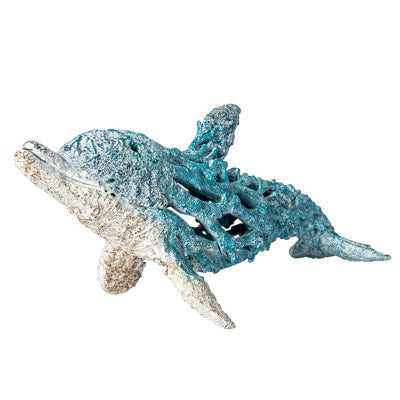 Stylized dolphin figurine with a textured coral appearance in a natural sand and seashell color, crafted from polystone for coastal tabletop decor.