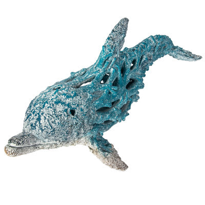 Stylized dolphin figurine with a textured coral appearance in a natural sand and seashell color, crafted from polystone for coastal tabletop decor.
