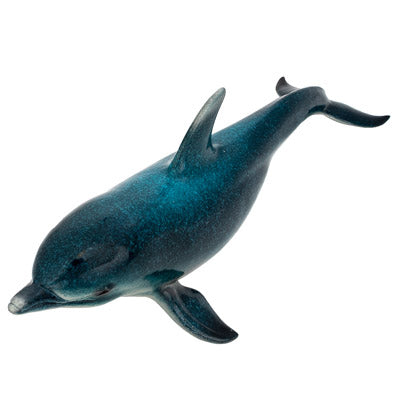 High-gloss Atlantic Bottlenose Dolphin figurine made of polished blue and white polystone, 19-inch nautical home decor accent for coastal interior design.