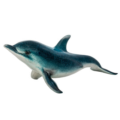 High-gloss Atlantic Bottlenose Dolphin figurine made of polished blue and white polystone, 19-inch nautical home decor accent for coastal interior design.