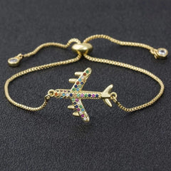 Airplane Bracelet, Gold Airplane Bracelet, Airplane Jewelry, Rainbow plane Bracelet, Gold Rainbow plane Bracelet - Pink Horse Florida