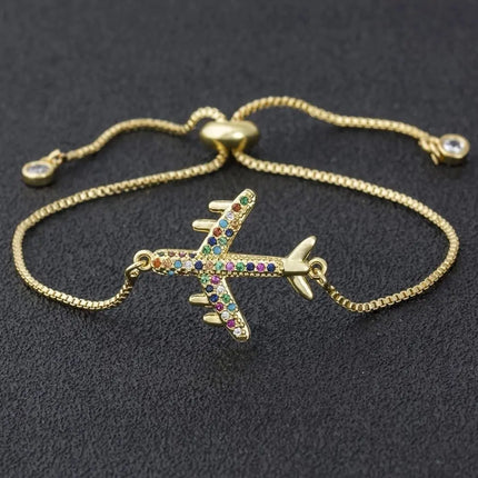 Airplane Bracelet, Gold Airplane Bracelet, Airplane Jewelry, Rainbow plane Bracelet, Gold Rainbow plane Bracelet - Pink Horse Florida