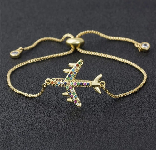Airplane Bracelet, Gold Airplane Bracelet, Airplane Jewelry, Rainbow plane Bracelet, Gold Rainbow plane Bracelet - Pink Horse Florida