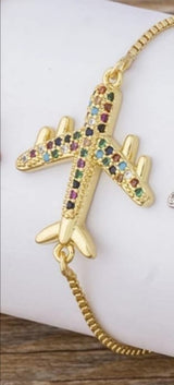 Airplane Bracelet, Gold Airplane Bracelet, Airplane Jewelry, Rainbow plane Bracelet, Gold Rainbow plane Bracelet - Pink Horse Florida