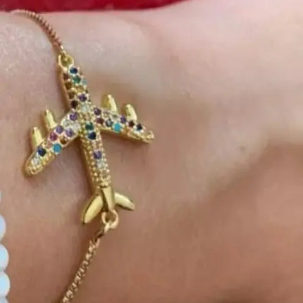 Airplane Bracelet, Gold Airplane Bracelet, Airplane Jewelry, Rainbow plane Bracelet, Gold Rainbow plane Bracelet - Pink Horse Florida