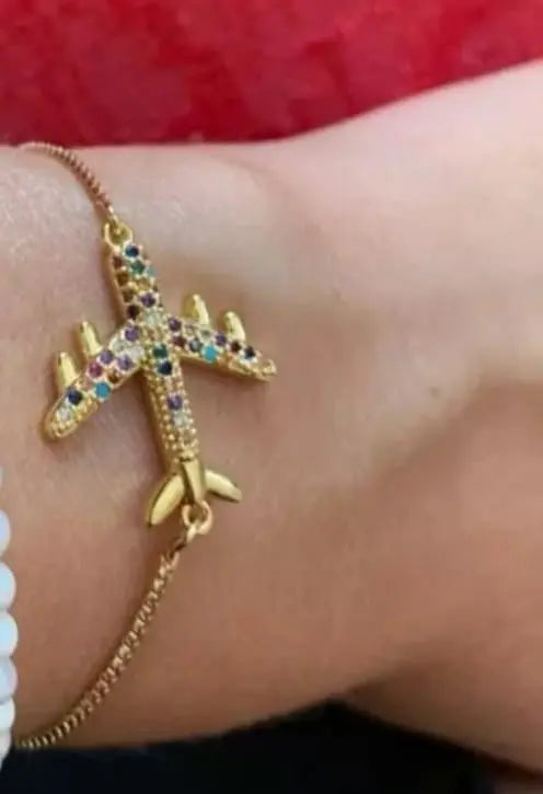 Airplane Bracelet, Gold Airplane Bracelet, Airplane Jewelry, Rainbow plane Bracelet, Gold Rainbow plane Bracelet - Pink Horse Florida