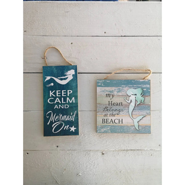 Mermaid Beach Signs BUNDLE of TWO, My Heart Belongs to the Beach, Keep Calm Mermaid Sign, Pool Sign, - Pink Horse Florida