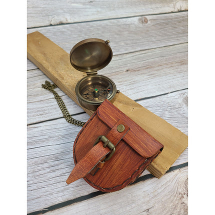 Antique Compass, Compass in Leather Pouch, Vintage Look Compass, Compass with Chain, Pocket Compass - Pink Horse Florida