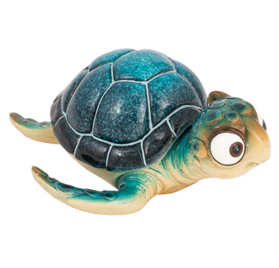 Whimsical blue cartoon turtle figurine with large bug eyes and a functional hinged shell for storing jewelry or trinkets; shown as both coastal wall art and a tabletop decorative box.