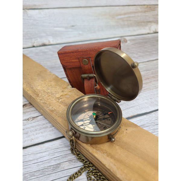 Antique Compass, Compass in Leather Pouch, Vintage Look Compass, Compass with Chain, Pocket Compass - Pink Horse Florida