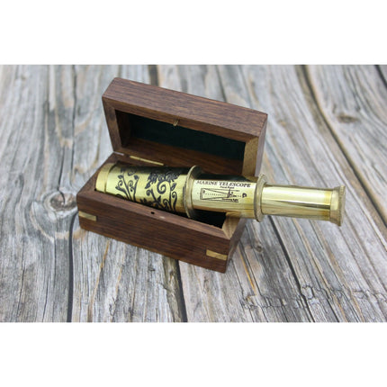Gold Color Telescope, Brass Telescope, Marine Vintage Telescope, Telescope in Wood Box - Pink Horse Florida