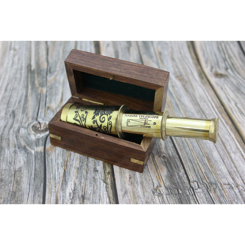 Gold Color Telescope, Brass Telescope, Marine Vintage Telescope, Telescope in Wood Box - Pink Horse Florida