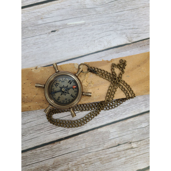 Antique Compass, Compass Necklace, Ship Wheel Compass, Compass with Chain, Pocket Compass, Brass - Pink Horse Florida